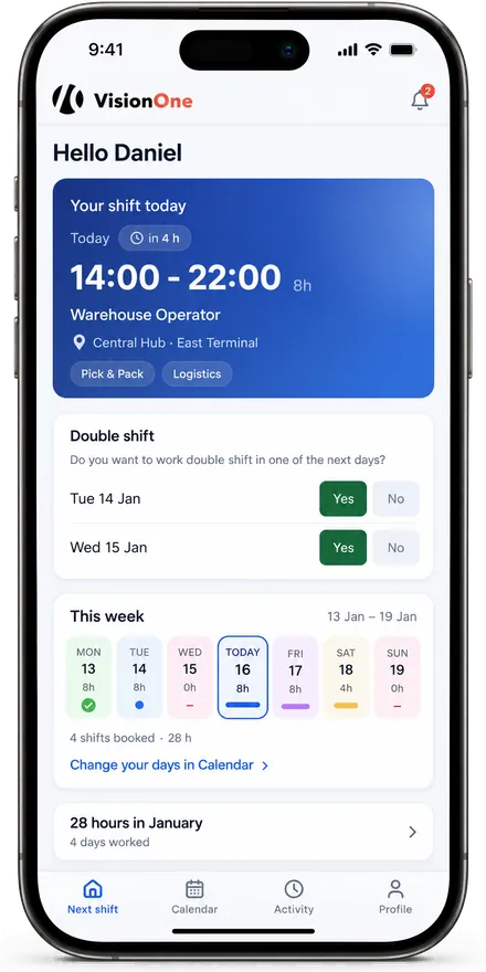 VisionOne mobile app showing a worker’s shift for today